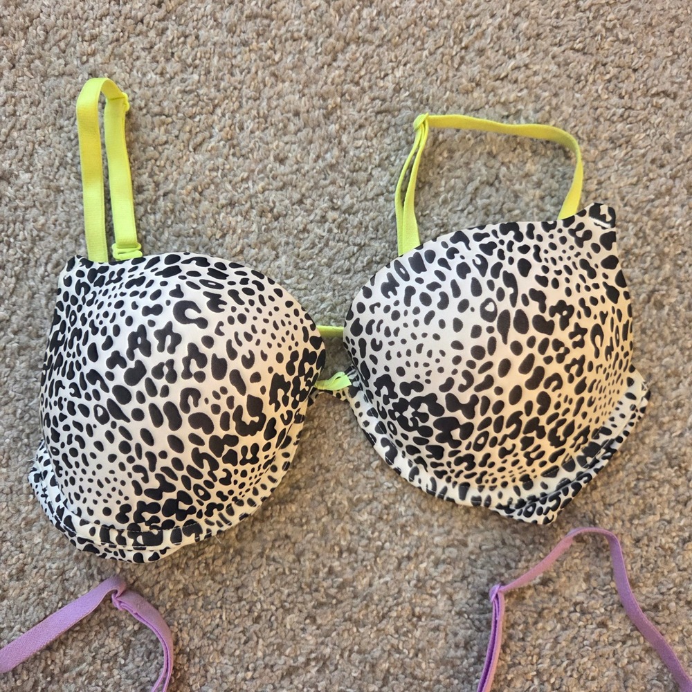 Victoria's Secret Push Up Bra 34C Leopard Lace Stripe Purple Pink Lot of 3pc - Picture 2 of 14